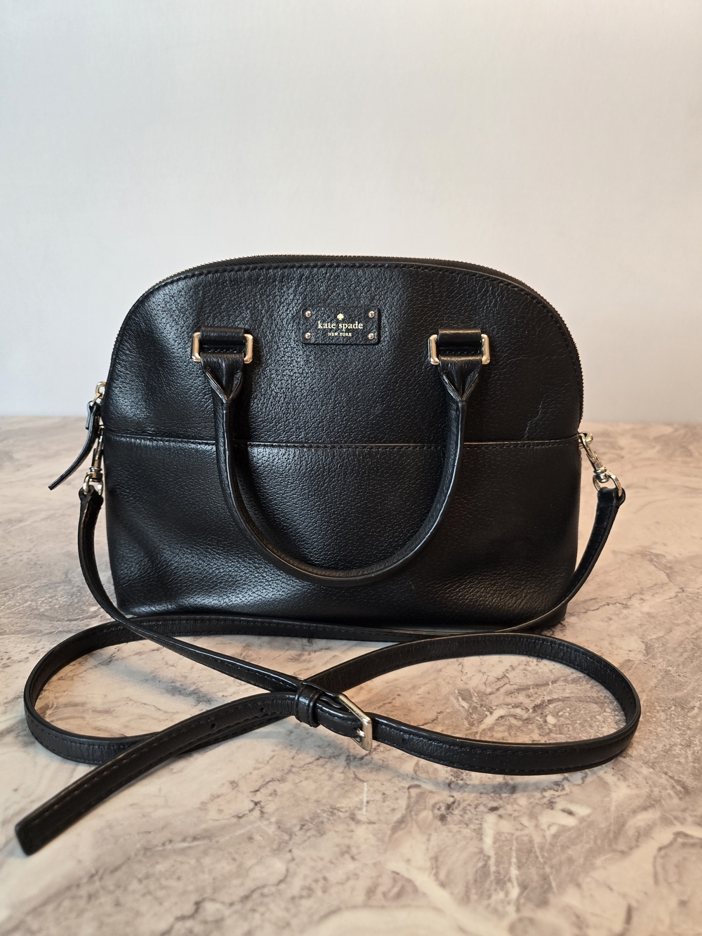 Kate Spade Black Leather Dome Satchel with Crossbody Strap